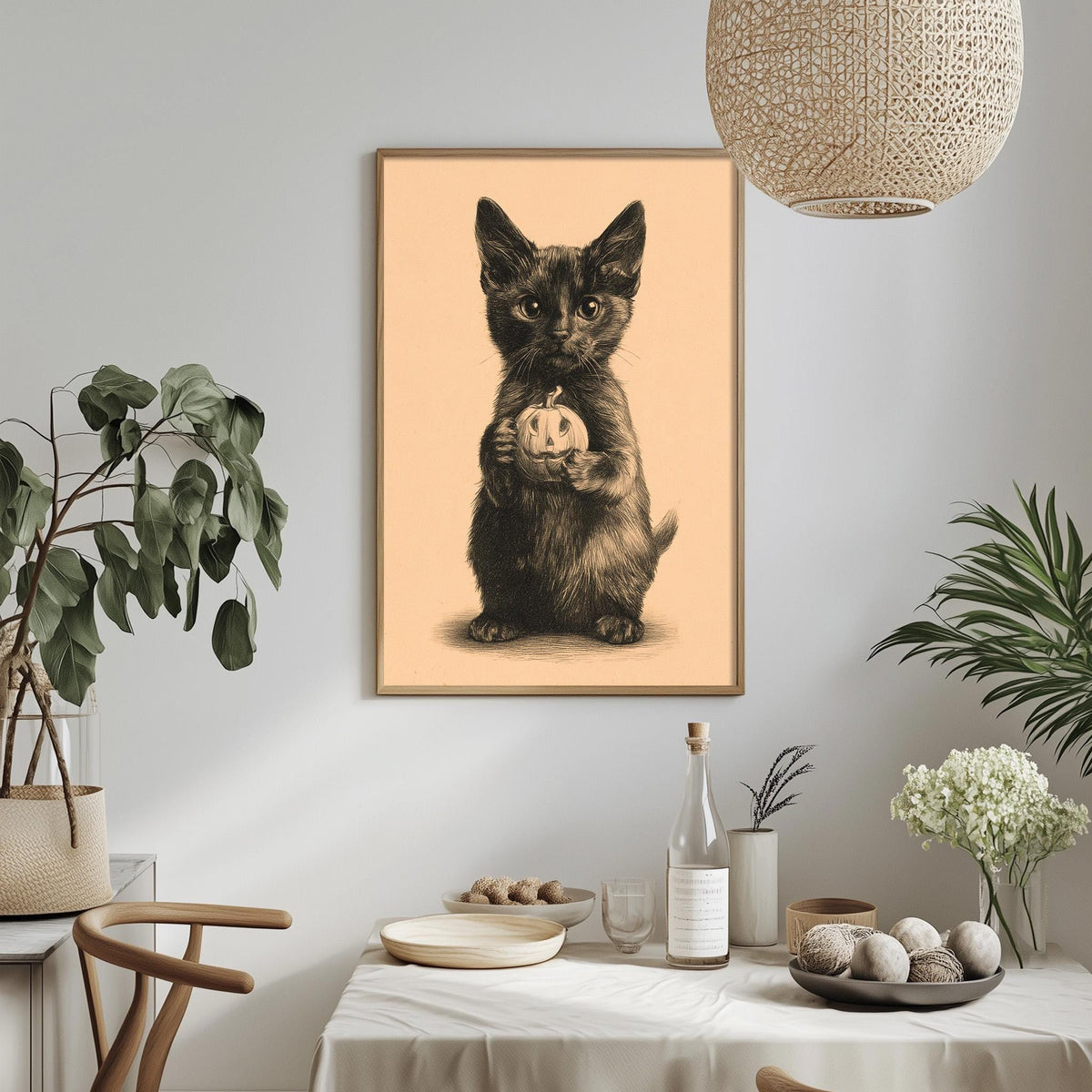 a framed picture of a cat holding a pumpkin, hanging on a wall above a dining table with various decorative items and plants.