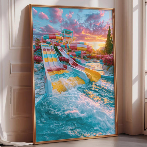 A large framed poster depicting a vibrant water slide scene with a colorful sky and water splashing.