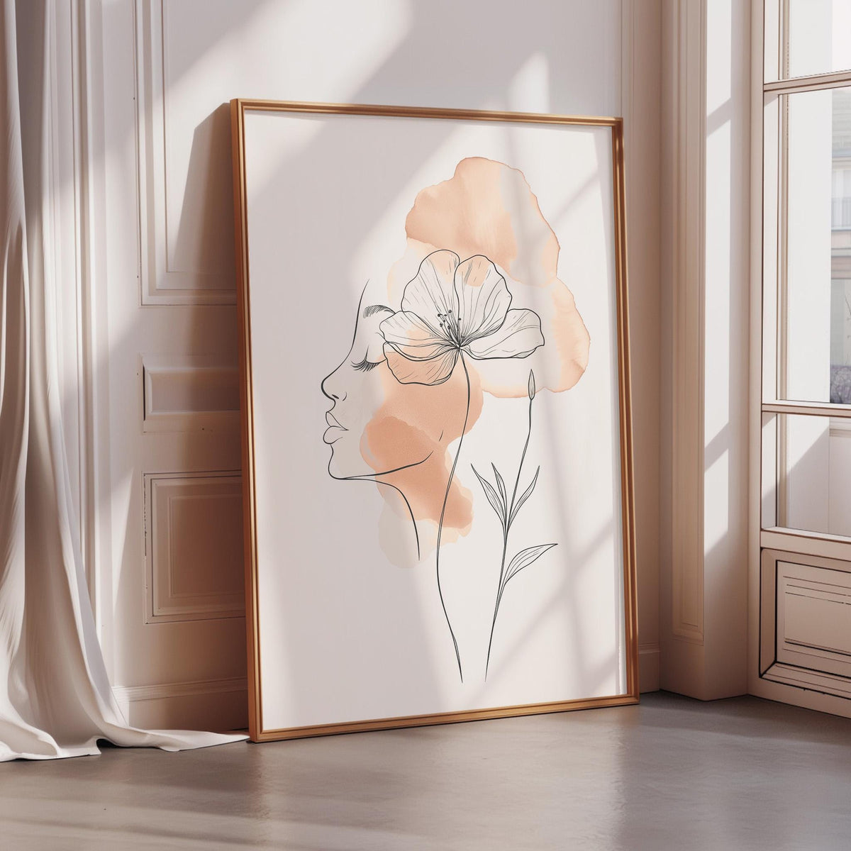 a framed artwork depicting a woman's face with a flower in her hair, placed on a wooden floor in a room with a window.
