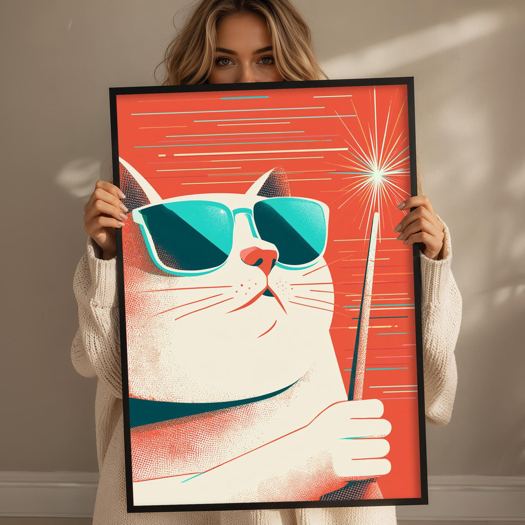 A woman is holding up a framed poster of a cat wearing sunglasses and holding a wand.