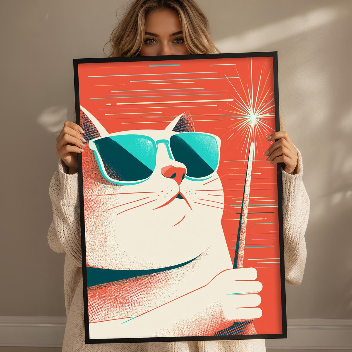 A woman is holding up a framed poster of a cat wearing sunglasses and holding a wand.