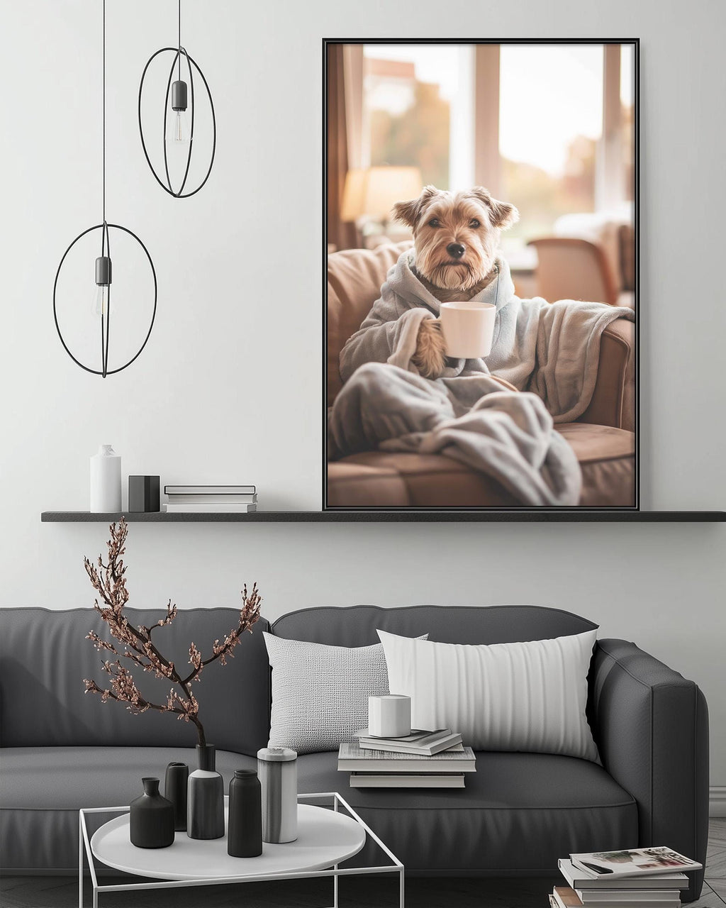 A cozy living room with a gray sofa, a coffee table, and a framed photograph of a dog sitting on the sofa, holding a cup and looking at the camera.