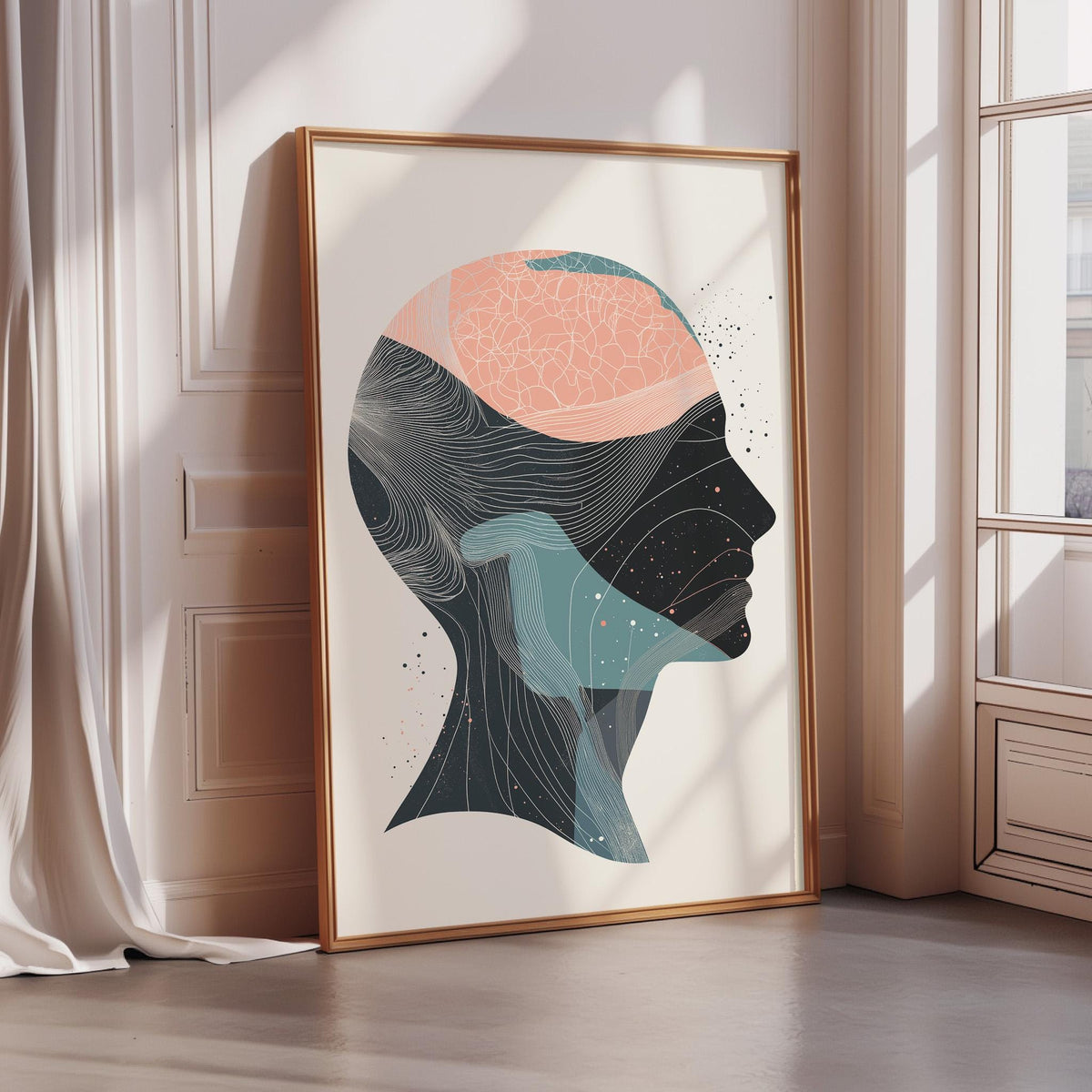 a framed artwork depicting a stylized human head with abstract patterns and shapes in shades of blue, green, and orange.