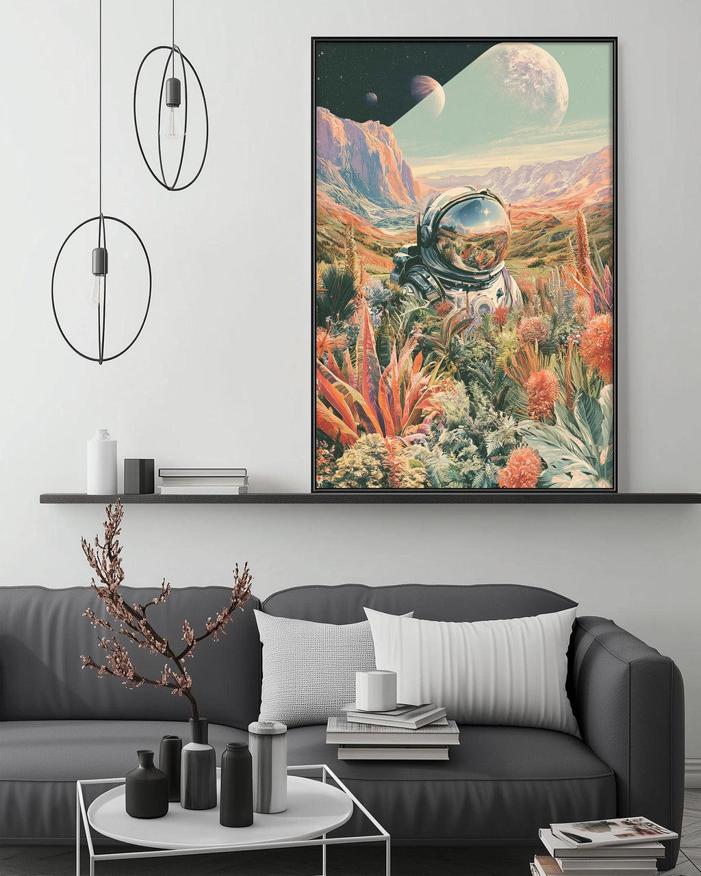 a large, colorful painting of an astronaut in a space suit, surrounded by a vibrant, alien landscape, hanging on a wall above a gray couch in a living room setting.