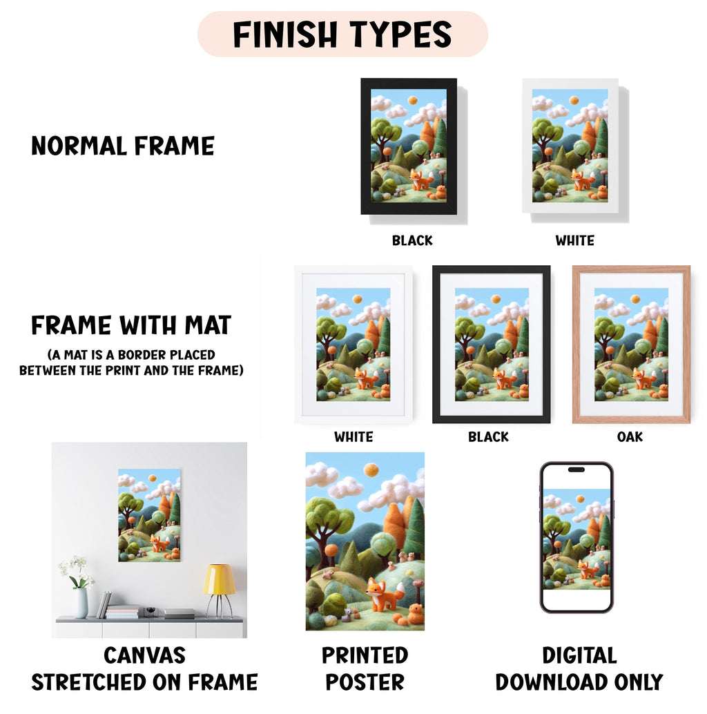 various types of artwork, including a canvas stretched on a frame, a framed poster, and a digital poster. The artwork is presented in different frame colors and styles, such as a normal frame, a black frame, a white frame, and an oak frame. The artwork is also described as a canvas stretched on a frame, a printed poster, and a digital download only.