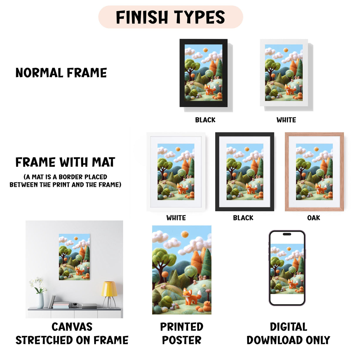 various types of artwork, including a canvas stretched on a frame, a framed poster, and a digital poster. The artwork is presented in different frame colors and styles, such as a normal frame, a black frame, a white frame, and an oak frame. The artwork is also described as a canvas stretched on a frame, a printed poster, and a digital download only.