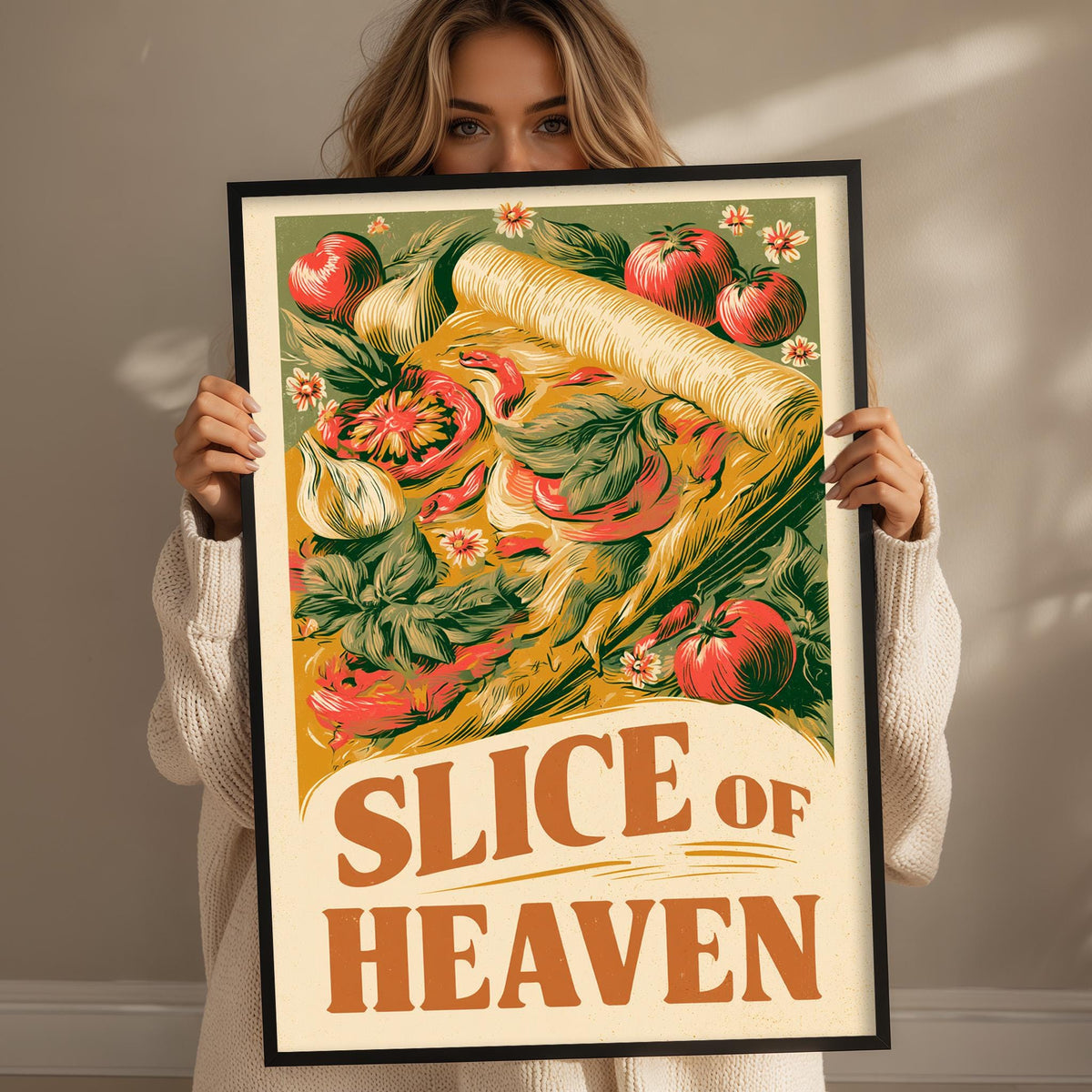 A woman is holding up a framed poster with a colorful illustration of a slice of pizza surrounded by various vegetables.