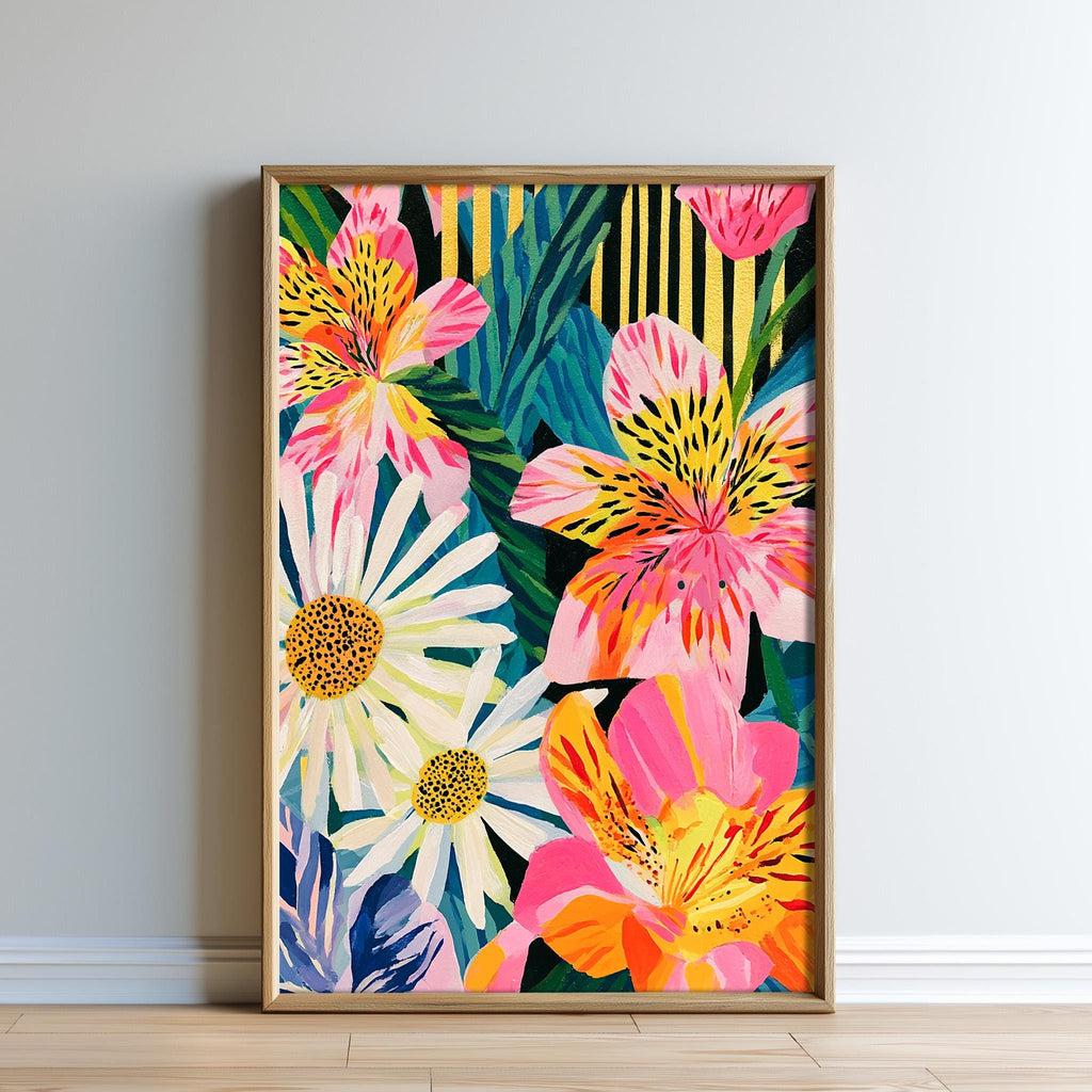 The image is a vibrant and colorful painting of various flowers, including daisies and lilies, set against a backdrop of green leaves and stripes.