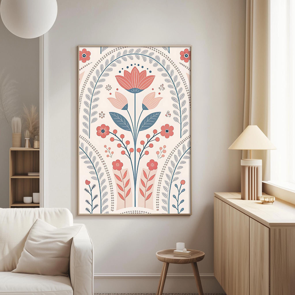 a living room with a large floral print hanging on the wall, a white sofa, a wooden side table, and a lamp on a wooden cabinet.