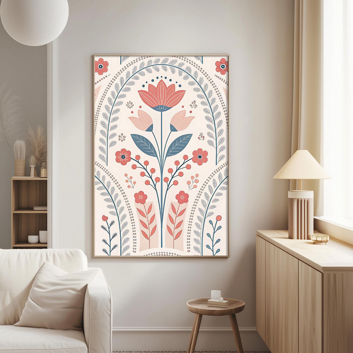 a living room with a large floral print hanging on the wall, a white sofa, a wooden side table, and a lamp on a wooden cabinet.