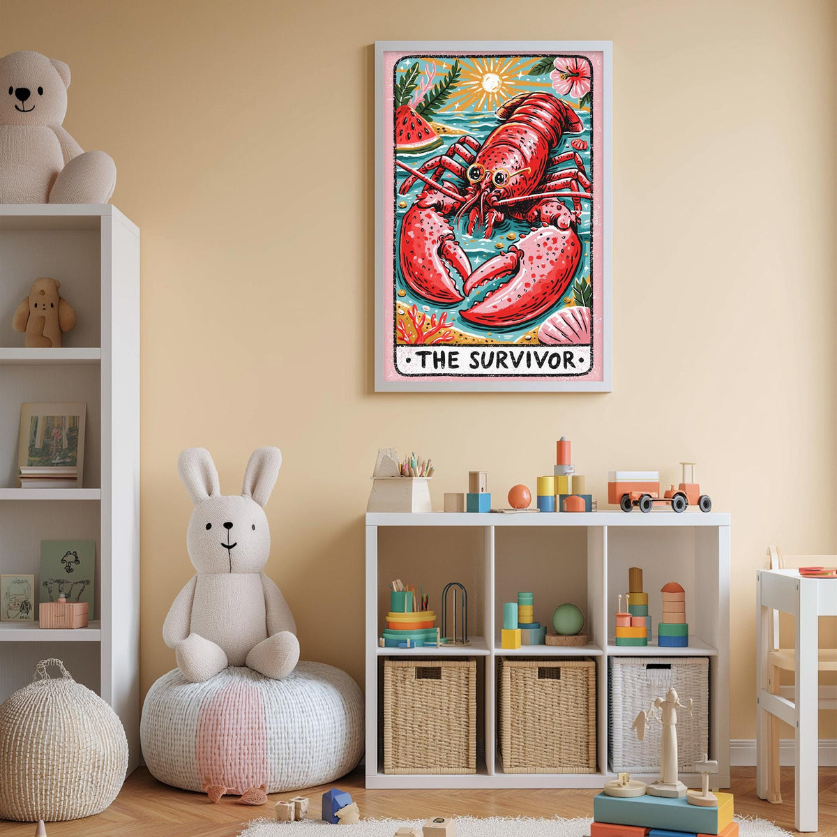 A child's bedroom with a large stuffed rabbit, a toy train, and a framed poster of a red lobster. The room also contains a bookshelf, storage bins, and various toys.