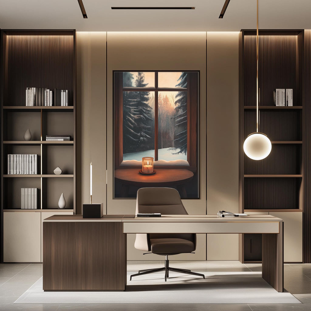 a modern and minimalist office space with a large window overlooking a snowy landscape. The room features a wooden desk with a chair, a bookshelf, and a painting of a snowy scene. The overall design and decor create a serene and tranquil atmosphere.