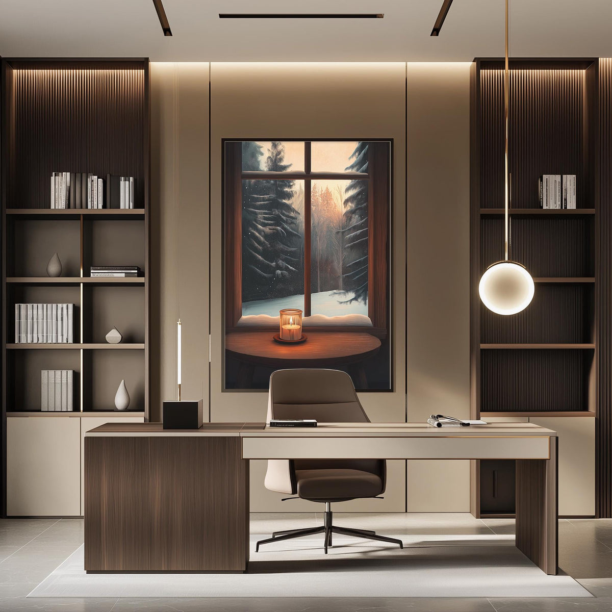 a modern and minimalist office space with a large window overlooking a snowy landscape. The room features a wooden desk with a chair, a bookshelf, and a painting of a snowy scene. The overall design and decor create a serene and tranquil atmosphere.