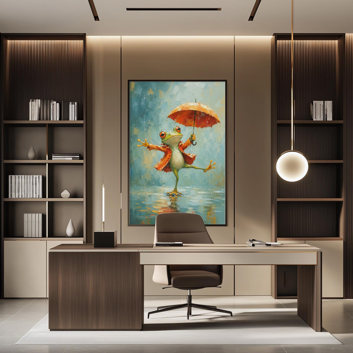 a modern office space with a large painting of a frog holding an umbrella as the focal point. The office has a wooden desk, a chair, and a bookshelf with various books and decorative items. The overall design and decor create a stylish and comfortable workspace.