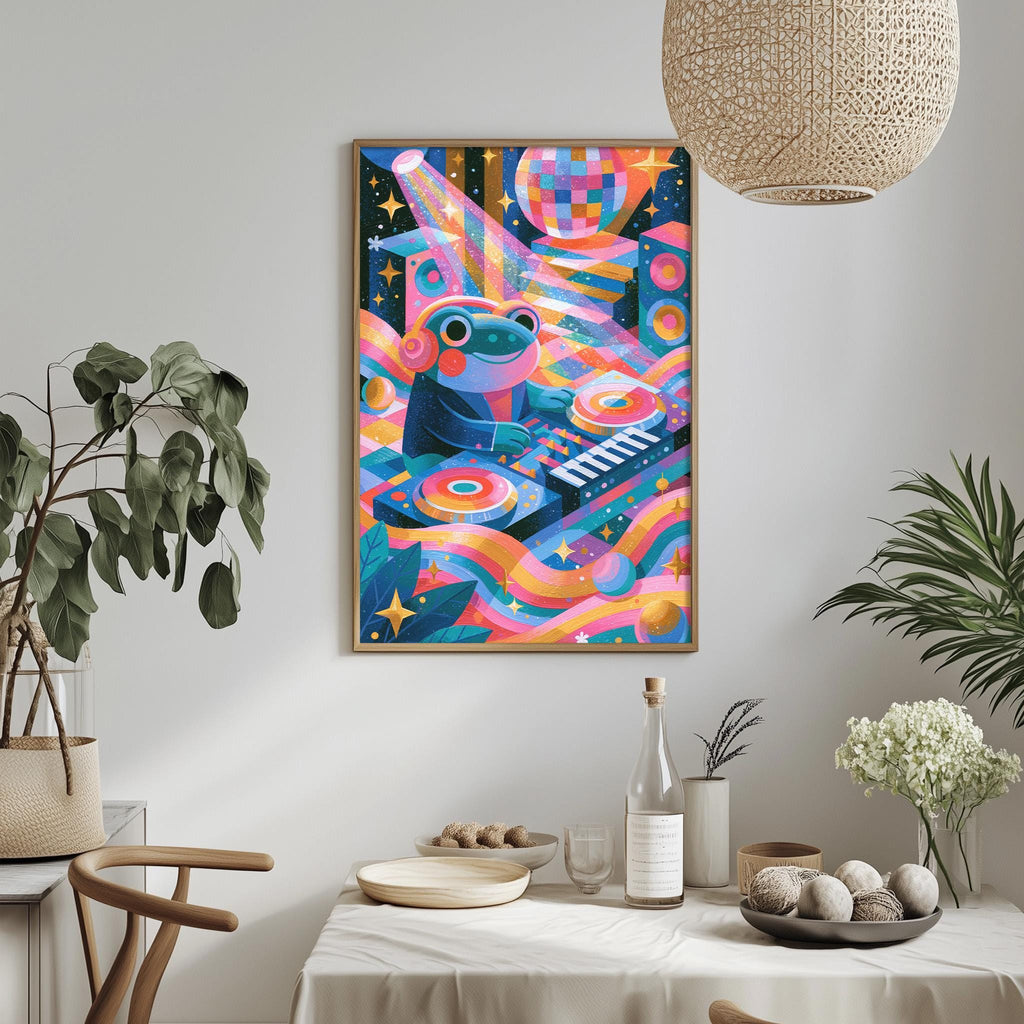 a vibrant and colorful abstract painting hanging on a wall, depicting a frog playing a musical instrument. The painting is surrounded by various decorative elements, such as potted plants, vases, and a dining table with a bowl of fruit.