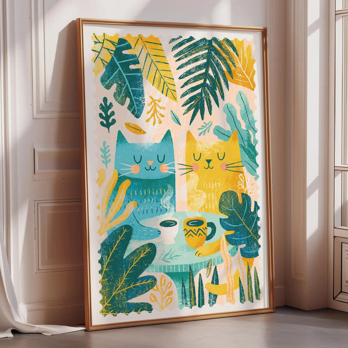 A framed illustration depicting two cats sitting at a table surrounded by tropical foliage, including palm leaves and other plants.