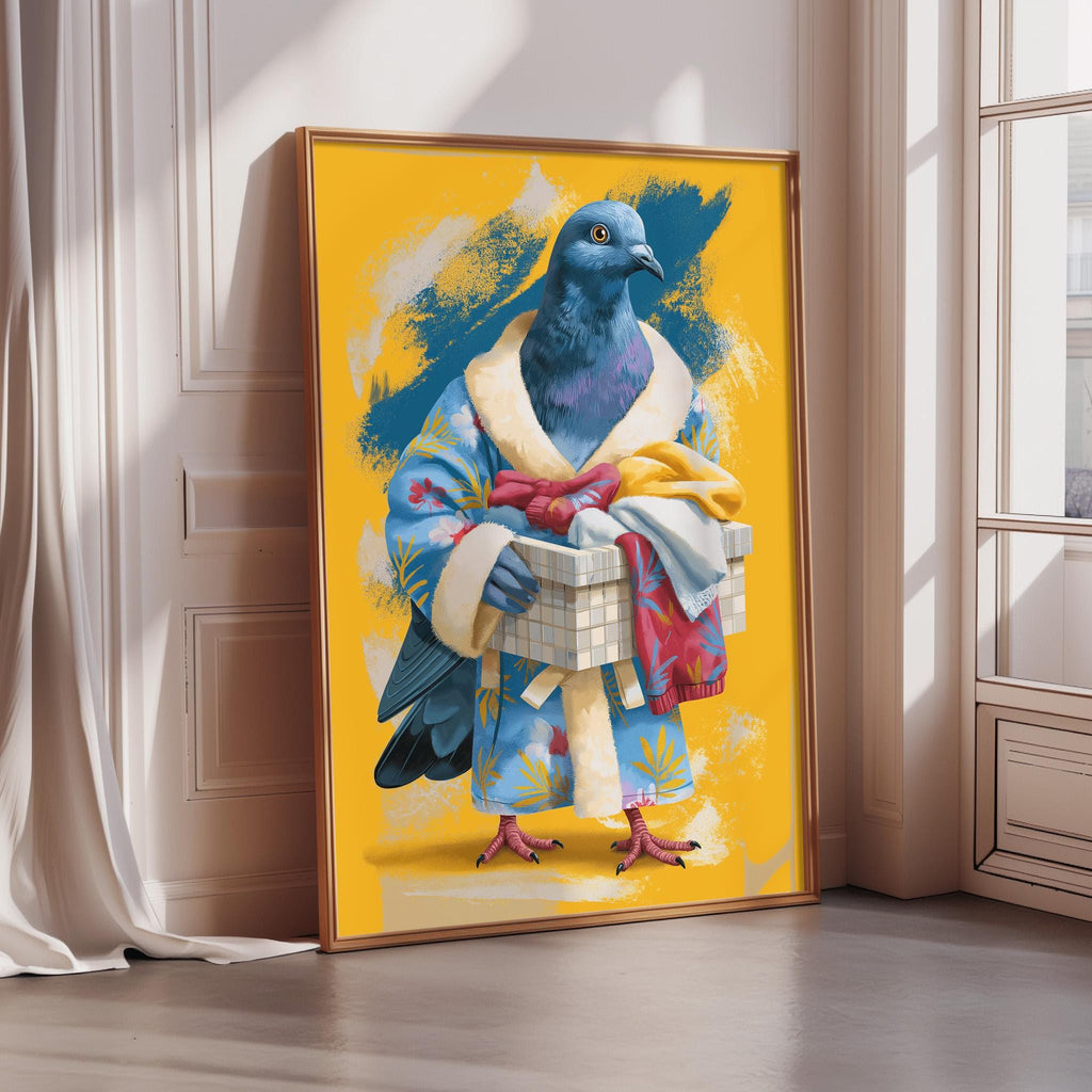 A framed painting depicting a blue bird dressed in a colorful robe, holding a basket, standing in a yellow room with a white door and window.