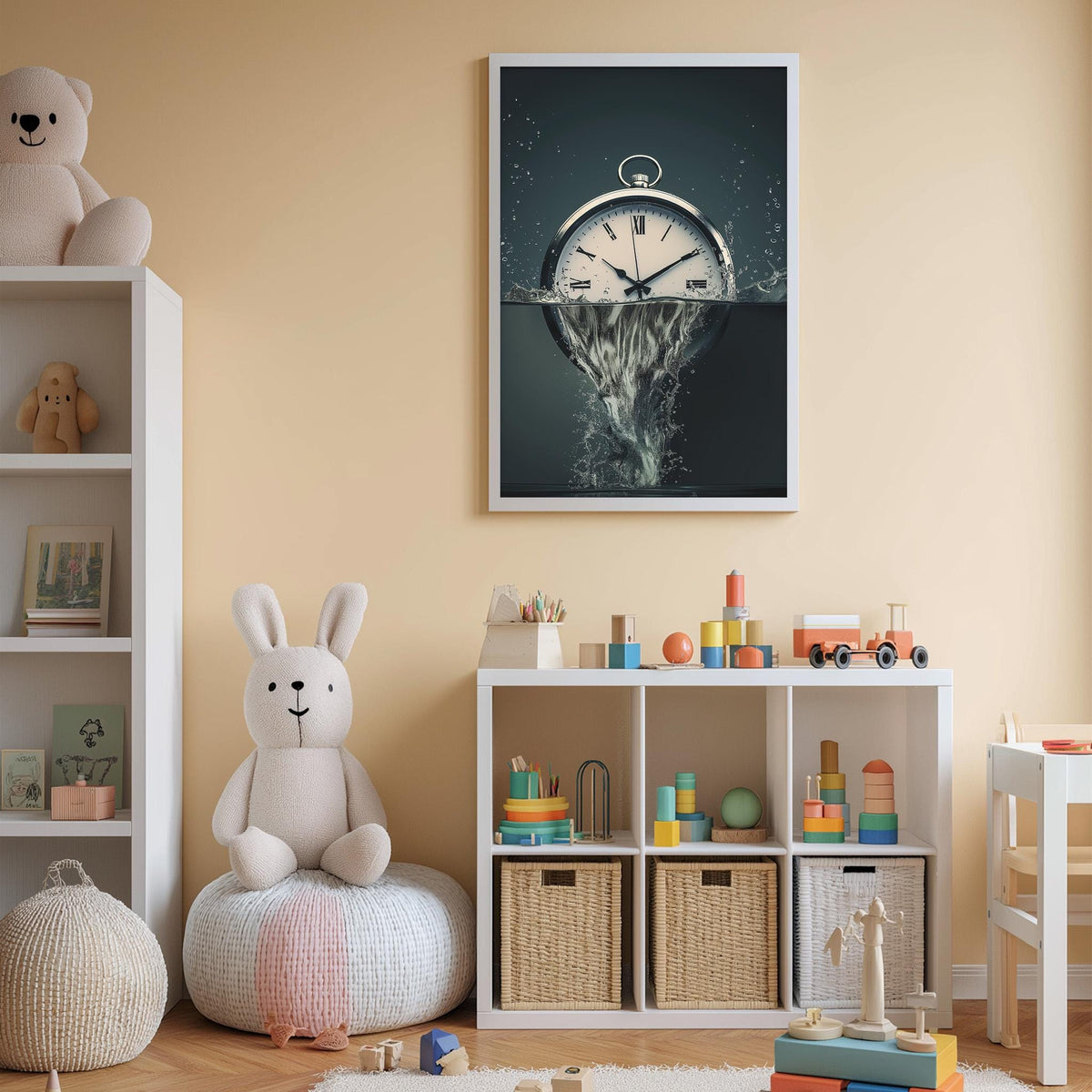 A child's bedroom with a large clock on the wall, a stuffed rabbit, and a toy train set. The room has a beige color scheme and appears to be well-organized and decorated.