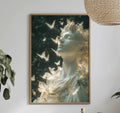 a framed photograph of a woman with butterflies adorning her hair, hanging on a wall above a table with various decorative items.