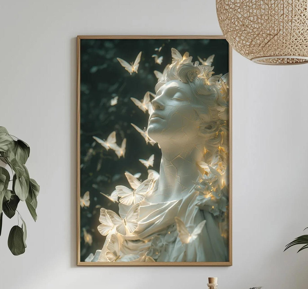 a framed photograph of a woman with butterflies adorning her hair, hanging on a wall above a table with various decorative items.