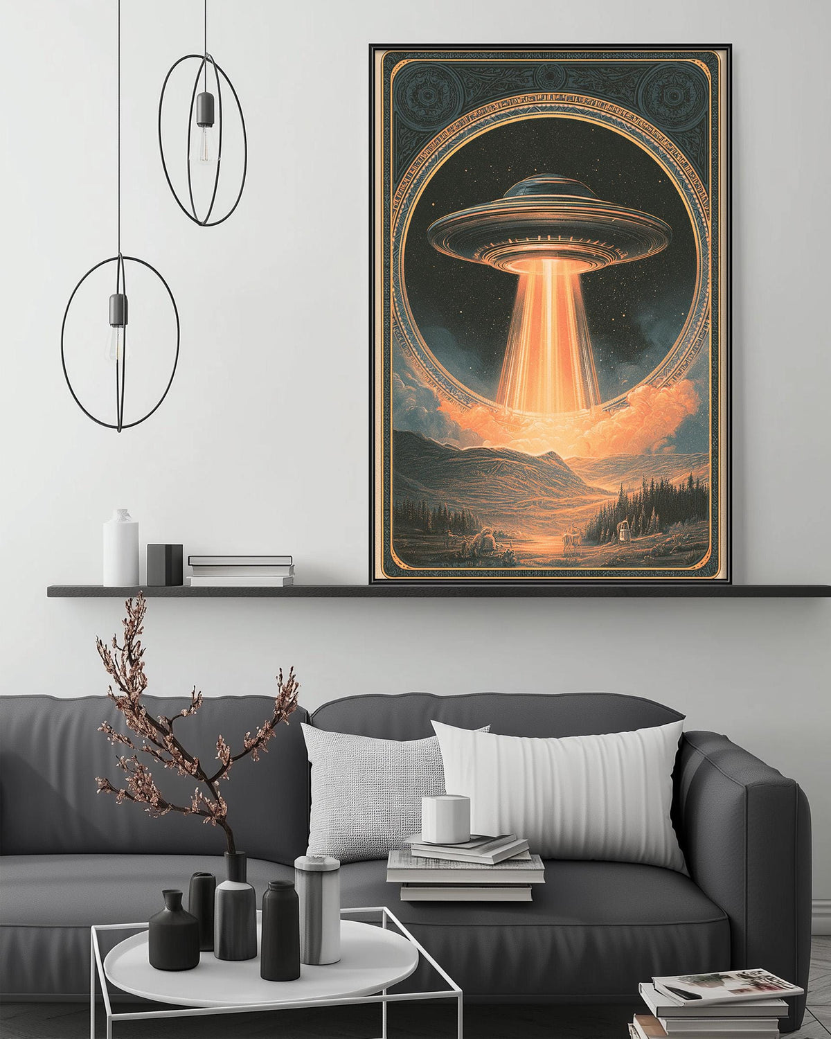 a large, colorful painting of an alien spacecraft hovering over a mountainous landscape, with a bright orange glow emanating from the spacecraft. The painting is displayed on a wall above a gray couch, which is adorned with various decorative items such as a potted plant, vases, and books.