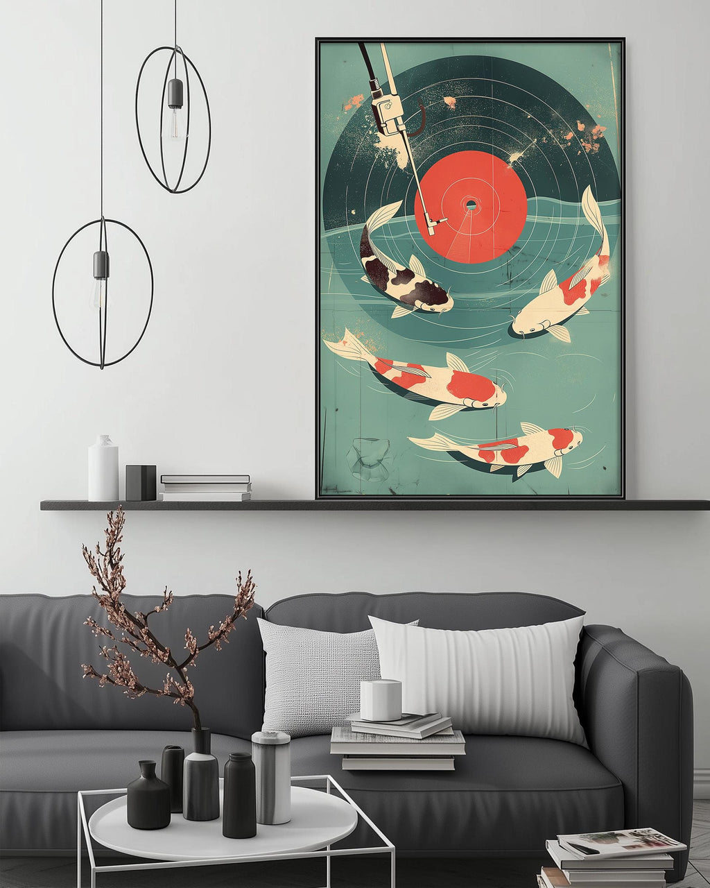 a modern living room with a gray sofa, a coffee table, and a large framed artwork depicting a koi fish swimming in a pond.