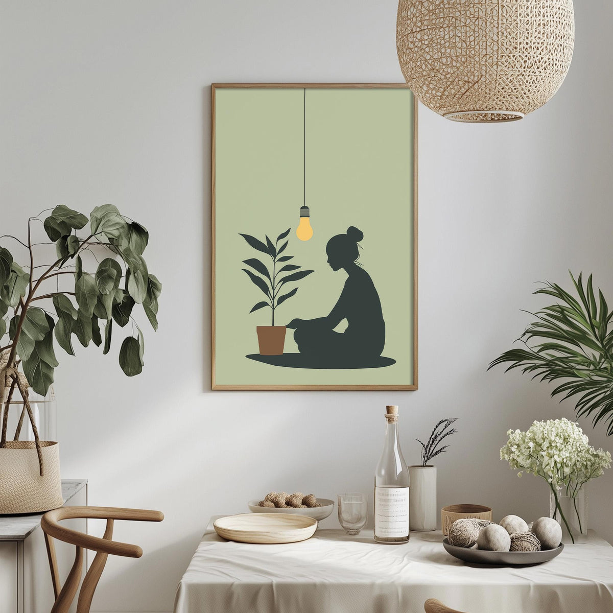 a minimalist dining room with a framed picture of a person sitting next to a potted plant hanging on the wall. The room is decorated with various plants, vases, and a table set with plates, bowls, and a bottle.