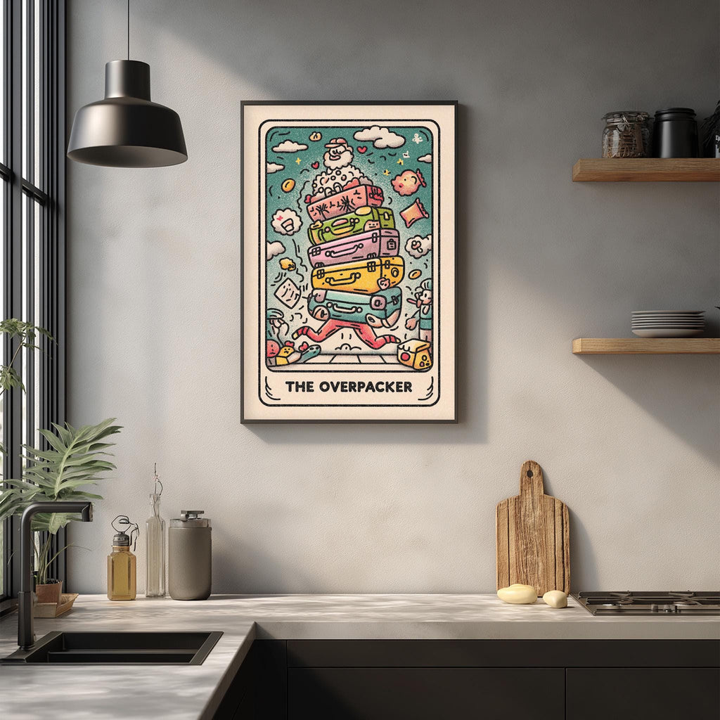 a colorful and whimsical illustration of a suitcase stacked on top of another, with various objects and text surrounding it, hanging on a wall above a kitchen counter.
