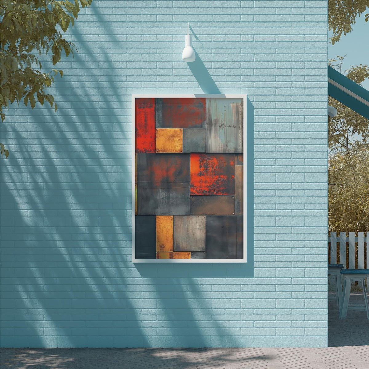 a large abstract painting displayed on a blue brick wall, with a white light fixture above it.