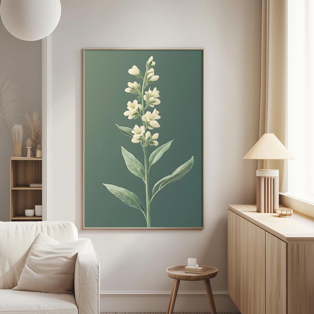 a living room with a large framed print of a white flower on the wall, a white sofa, a wooden side table, and a lamp.