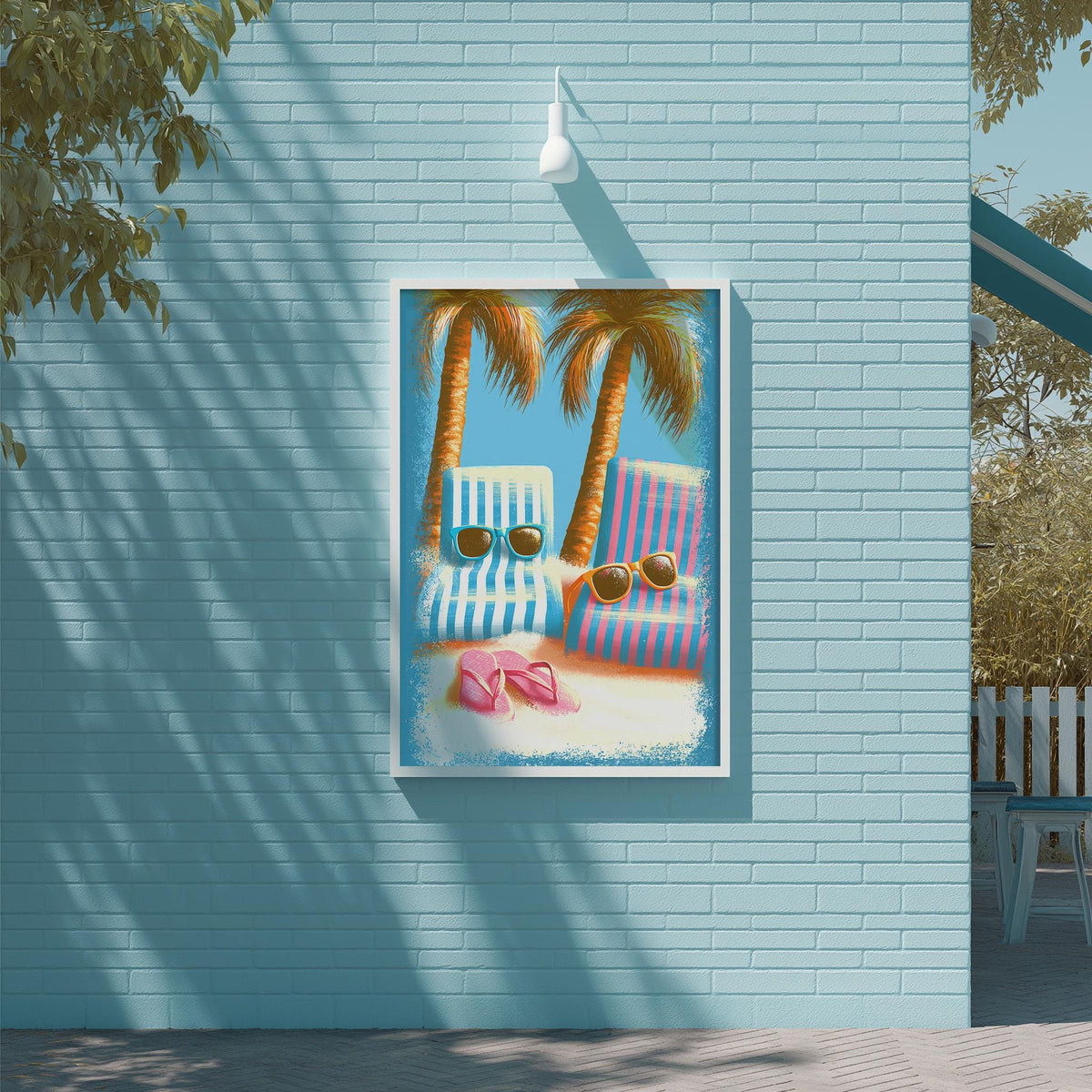 A framed illustration of two beach chairs with sunglasses on a wall, depicting a sunny beach scene.
