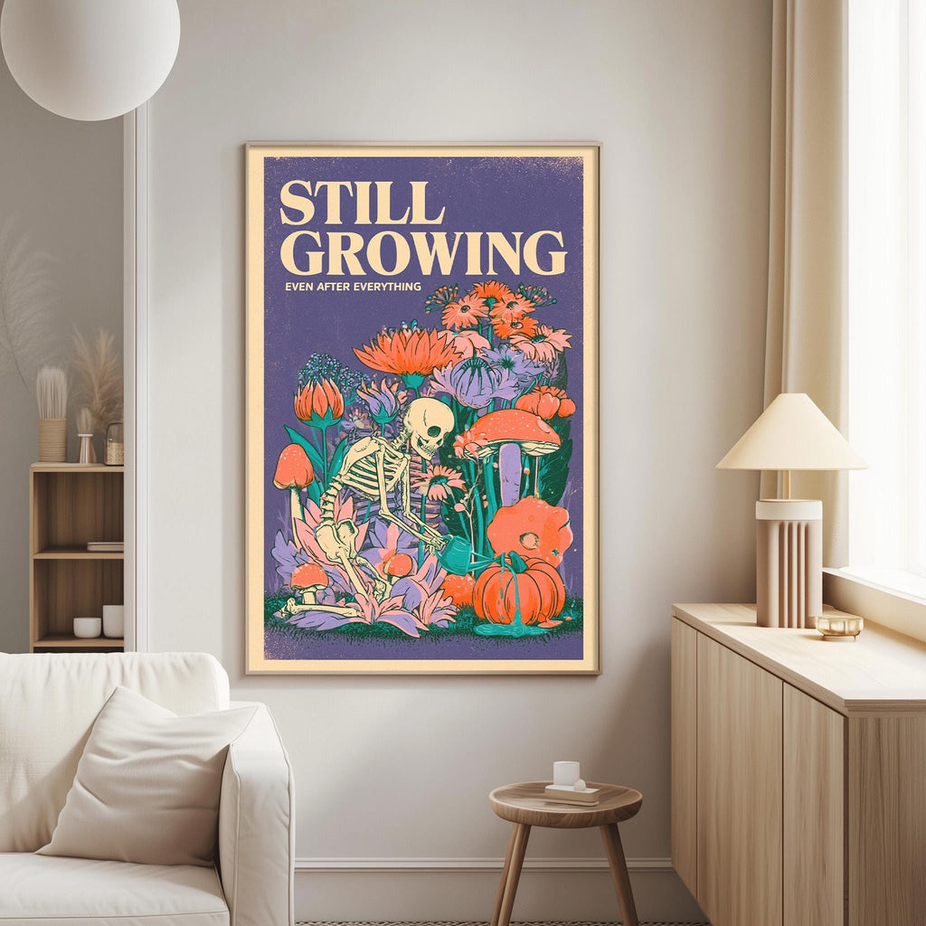 a poster with a skeleton and various plants and flowers, hanging on a wall in a living room.