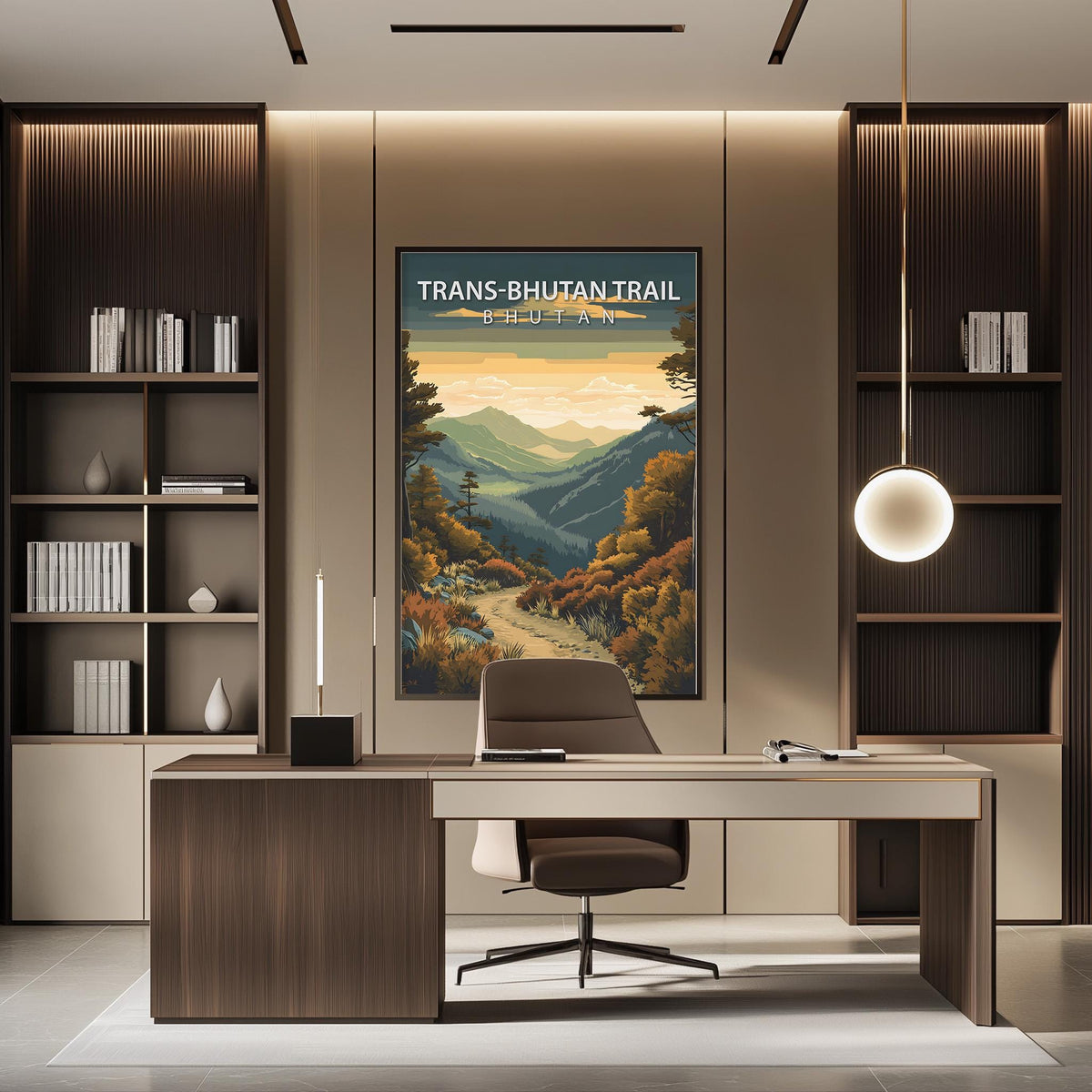a modern office space with a large poster of a scenic mountain landscape on the wall, a desk with a chair, and a bookshelf filled with books.