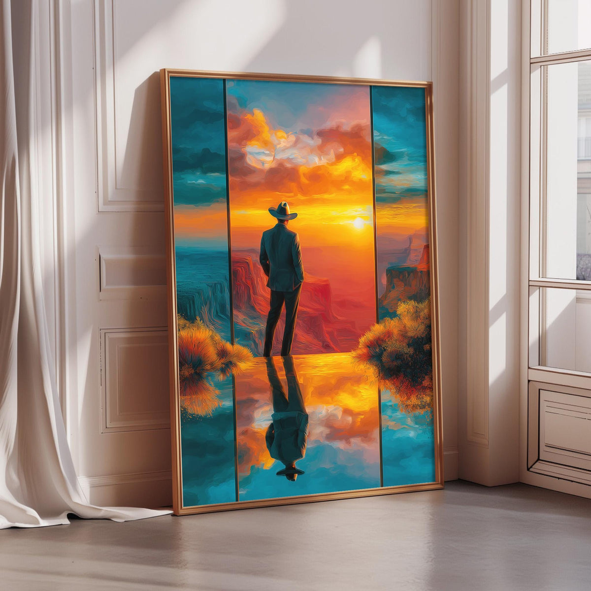 a large framed painting depicting a cowboy standing in front of a sunset landscape, with the cowboy's reflection visible in the foreground.