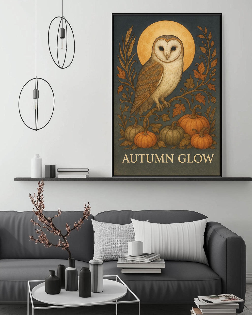 a large framed artwork of an owl on a wall, with a pumpkin and leaves surrounding it, and the text "Autumn Glow" below the owl. The artwork is set against a white wall, and there is a gray couch and a coffee table in the foreground.