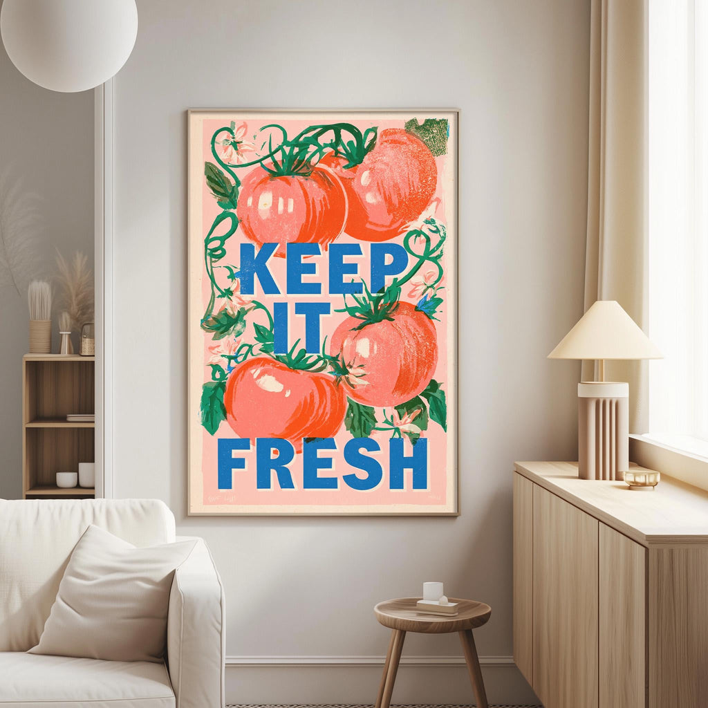 a poster with the text "KEEP IT FRESH" and illustrations of tomatoes on a wall in a living room setting.