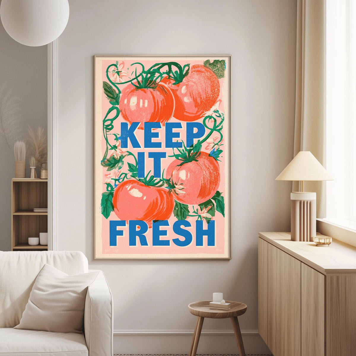 a poster with the text "KEEP IT FRESH" and illustrations of tomatoes on a wall in a living room setting.