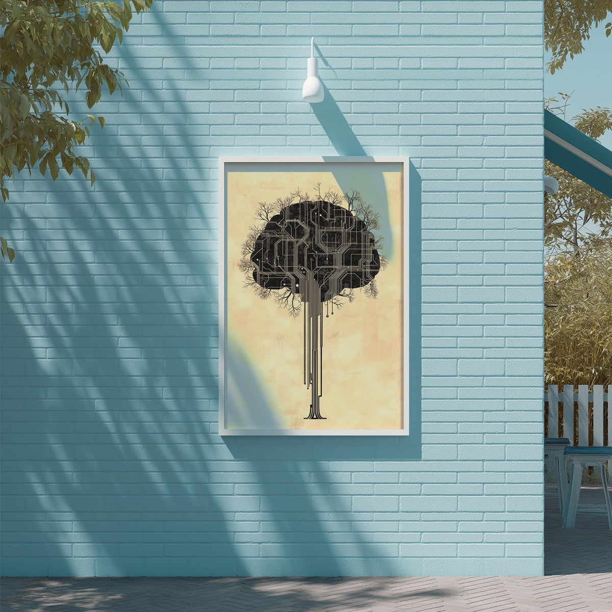 a blue brick wall with a framed poster of a tree-like design on it.