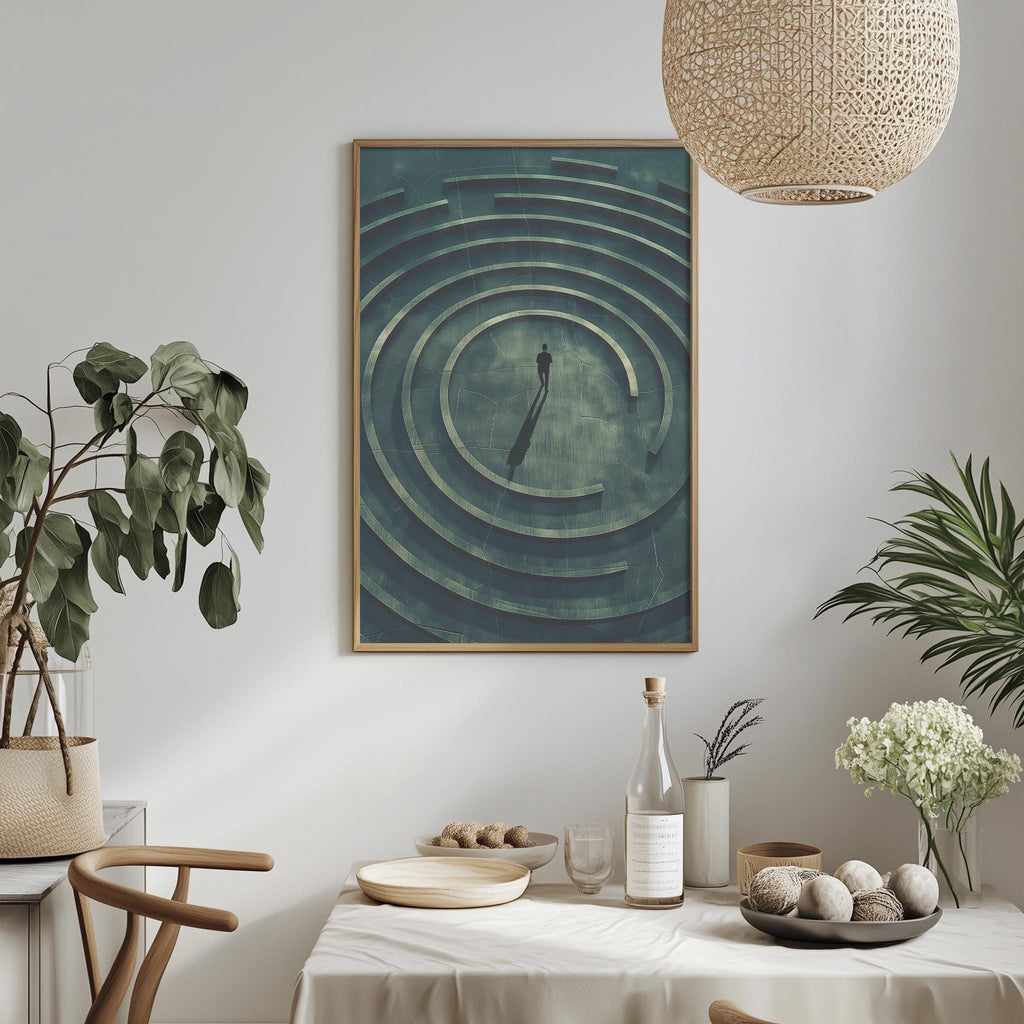 a dining table with a white tablecloth, a bowl of fruit, a bottle, and a vase with flowers. Above the table, there is a framed artwork depicting a person in a spiral pattern.