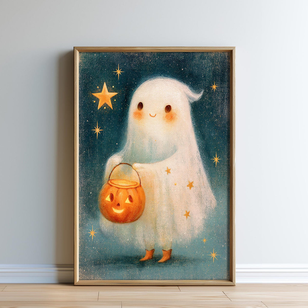 The image is a framed painting depicting a ghost holding a carved pumpkin, with a starry night sky background.