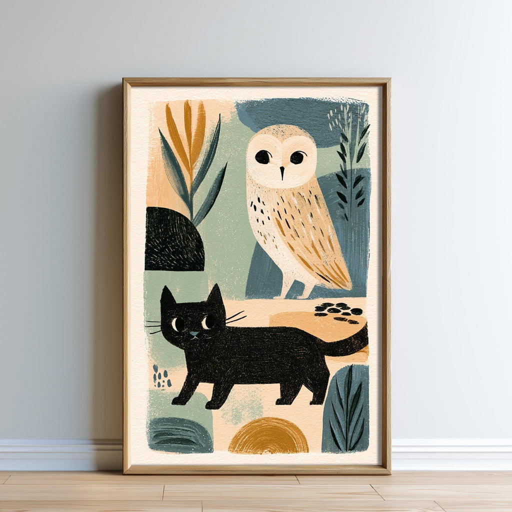 The image is a framed artwork depicting an owl and a black cat in a stylized, abstract composition.