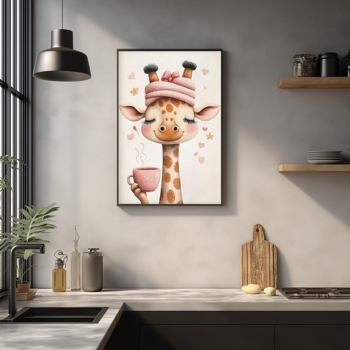 a giraffe wearing a pink hat and holding a pink cup, with a wooden cutting board and other kitchen items visible in the foreground.