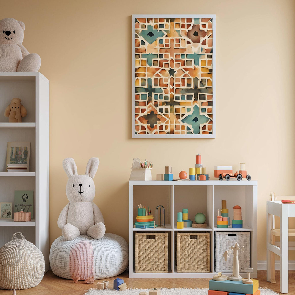 A cozy and colorful children's bedroom with a large stuffed rabbit, a bookshelf, and a toy storage unit filled with toys and games.