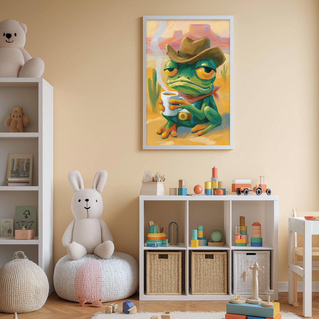 A child's bedroom with a white bookshelf, a stuffed rabbit, and a framed painting of a frog wearing a cowboy hat.