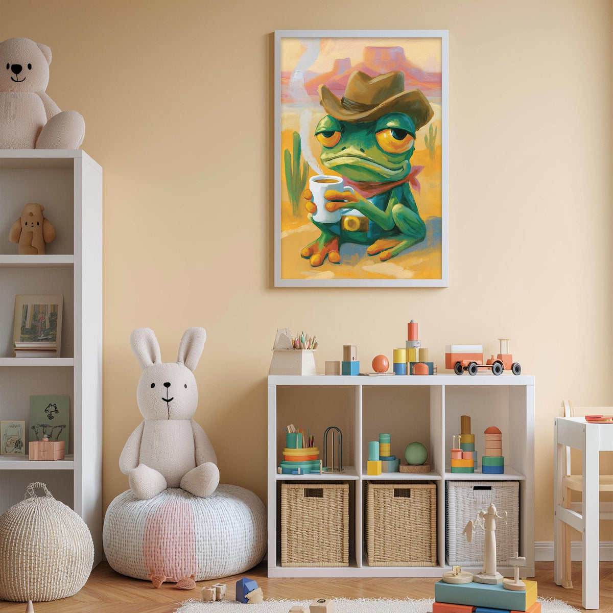 A child's bedroom with a white bookshelf, a stuffed rabbit, and a framed painting of a frog wearing a cowboy hat.