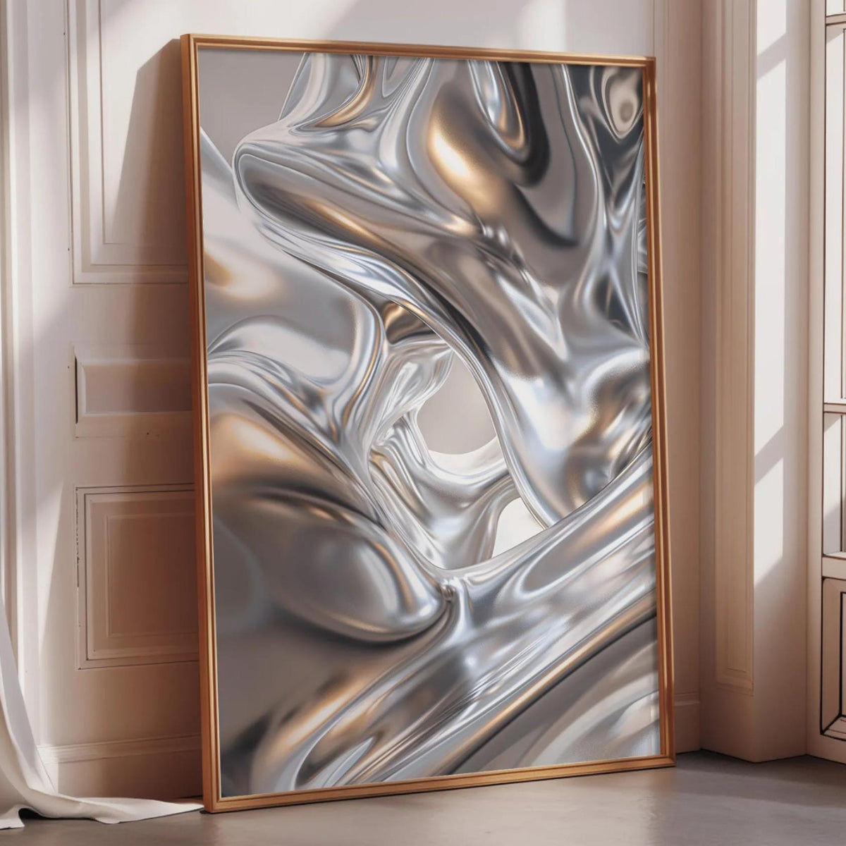 a large, abstract, metallic-looking artwork displayed in a gold frame on a wooden floor.