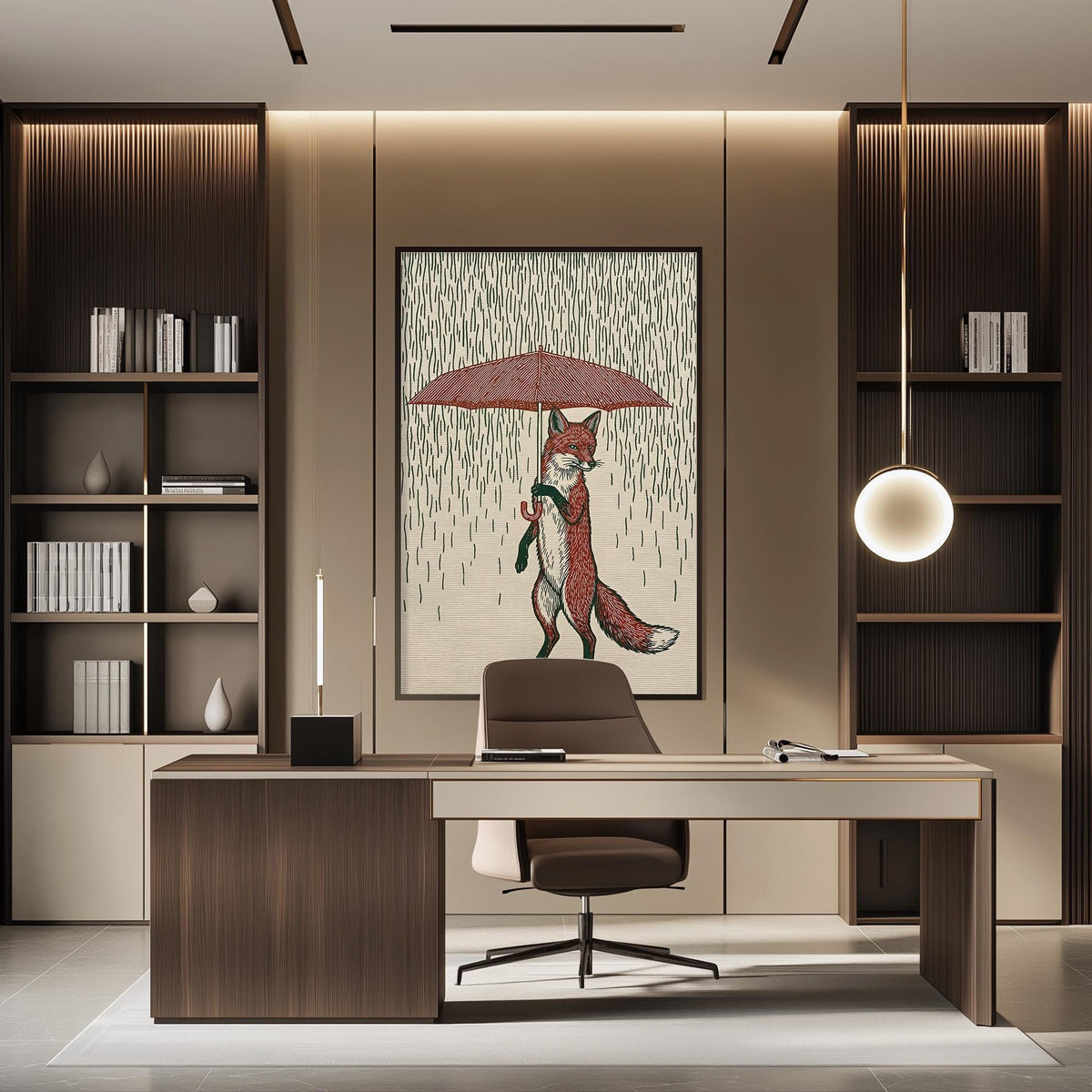 a modern office space with a large framed artwork of a fox holding an umbrella on the wall. The office features a wooden desk, a comfortable-looking chair, and a bookshelf filled with books. The overall design and decor create a stylish and professional atmosphere.
