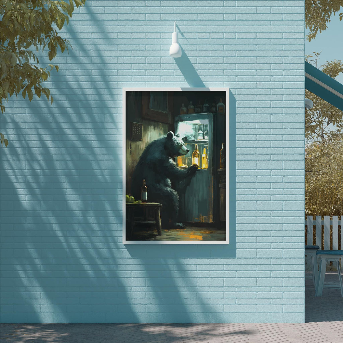 a large painting of a bear sitting in front of a refrigerator, with various bottles visible inside the refrigerator.