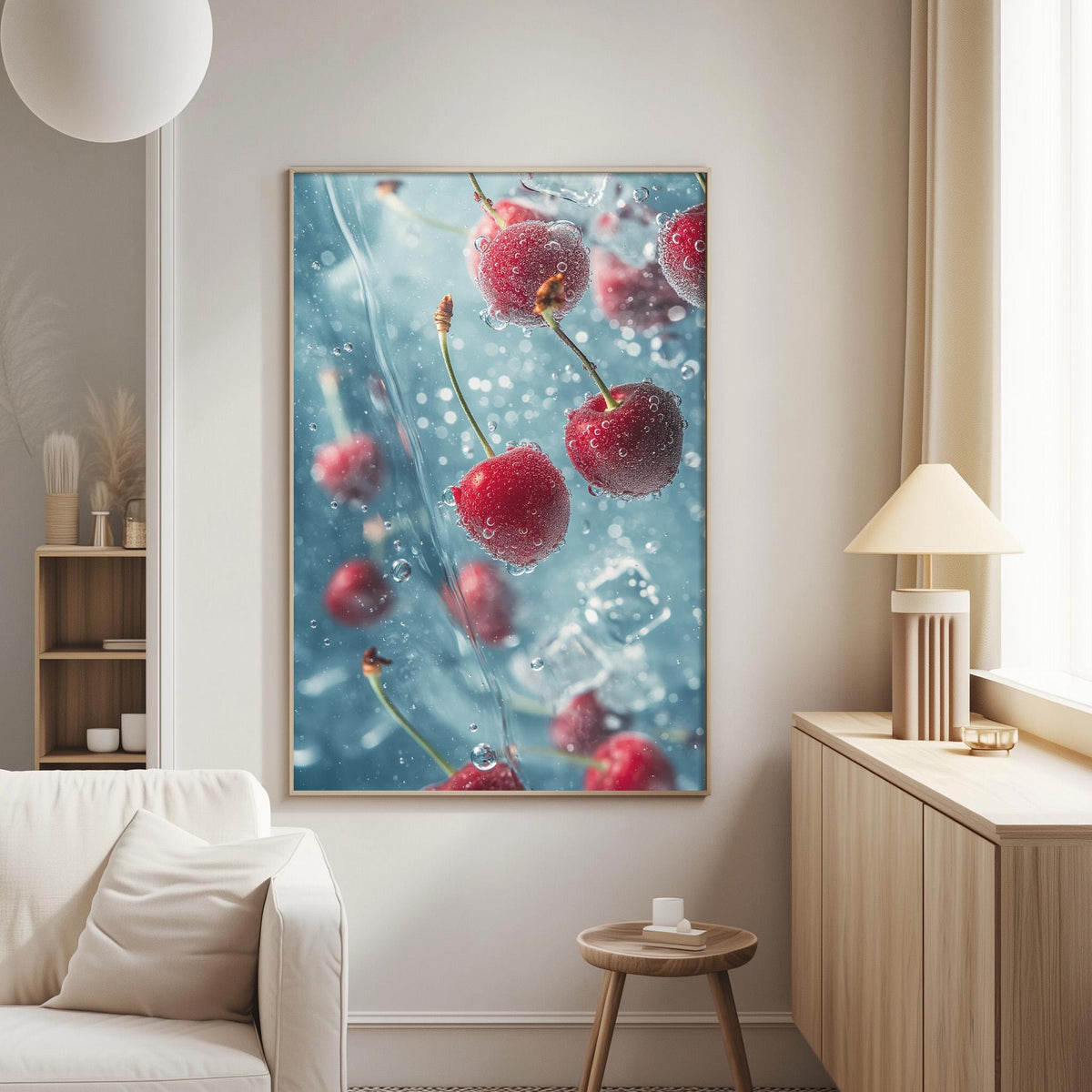 a large framed print of cherries in a blue background, hanging on a wall in a living room.