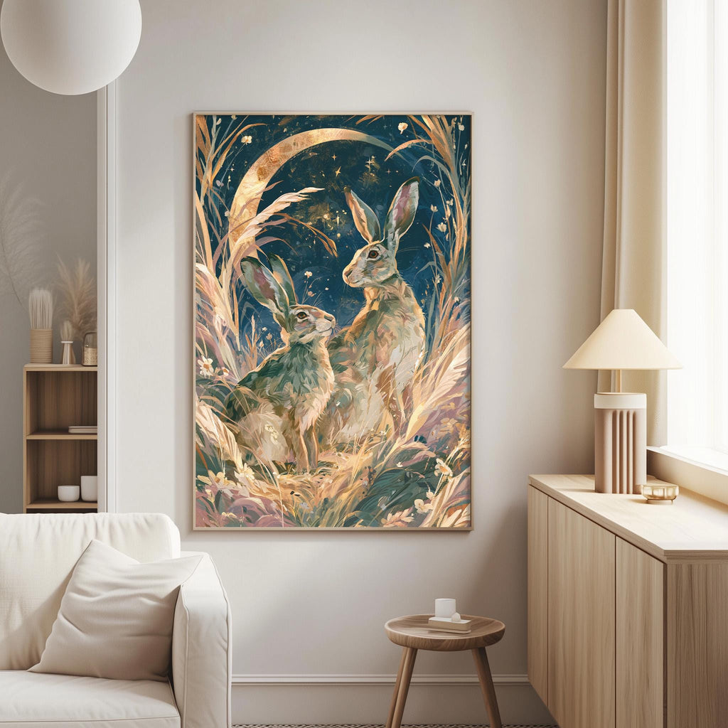 a large painting of two rabbits in a lush, natural setting, hanging on a wall in a cozy living room.